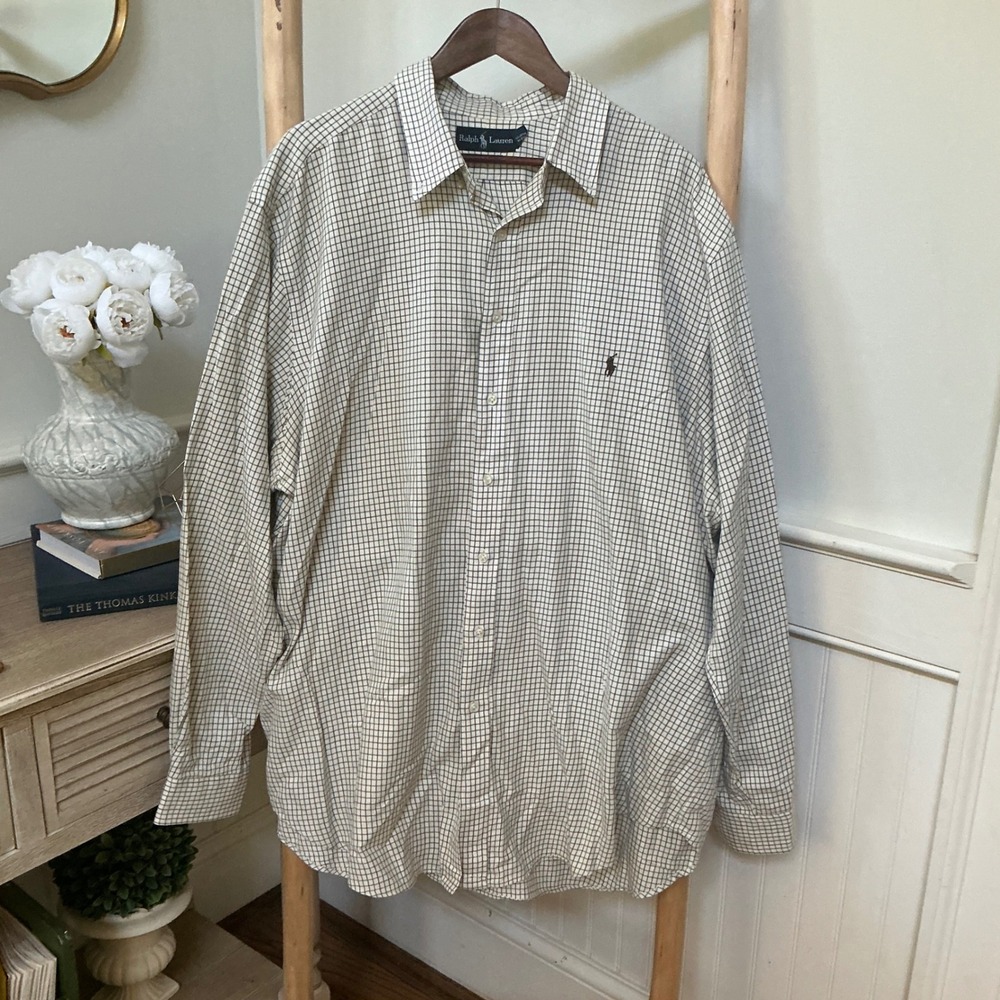 Ralph Lauren Classic Fit Tattersall Check Cotton Shirt Mens 2XLT Ivory Brown